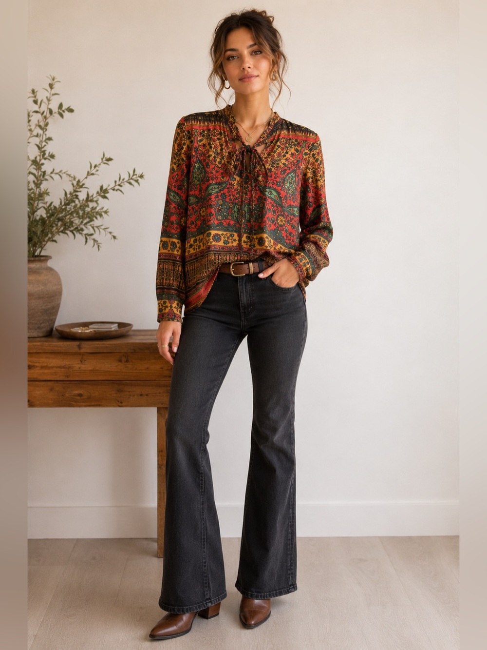 Desigual Boho Metallic Floral Tie Neck Blouse Shirt XS Artsy Festival Top Y2K